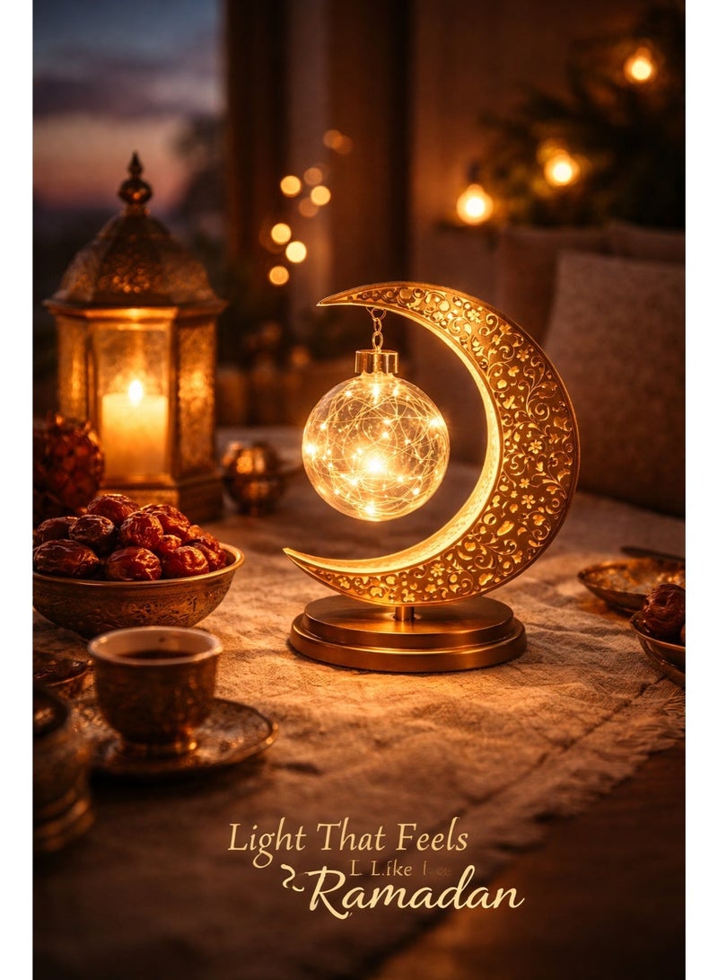 أولودينيز  مصباح هلال رمضان مجوف بإضاءة LED مع قاعدة كروية – مصباح طاولة ديكوري بطابع إسلامي، إضاءة بيضاء دافئة 3500 كلفن، مصنوع من سبائك الألمنيوم، يعمل بالبطارية. - Image 5